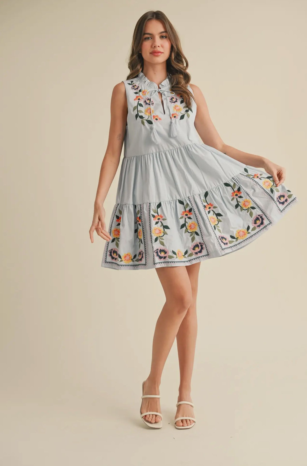 Floral Embroidery Tiered Mini Dress