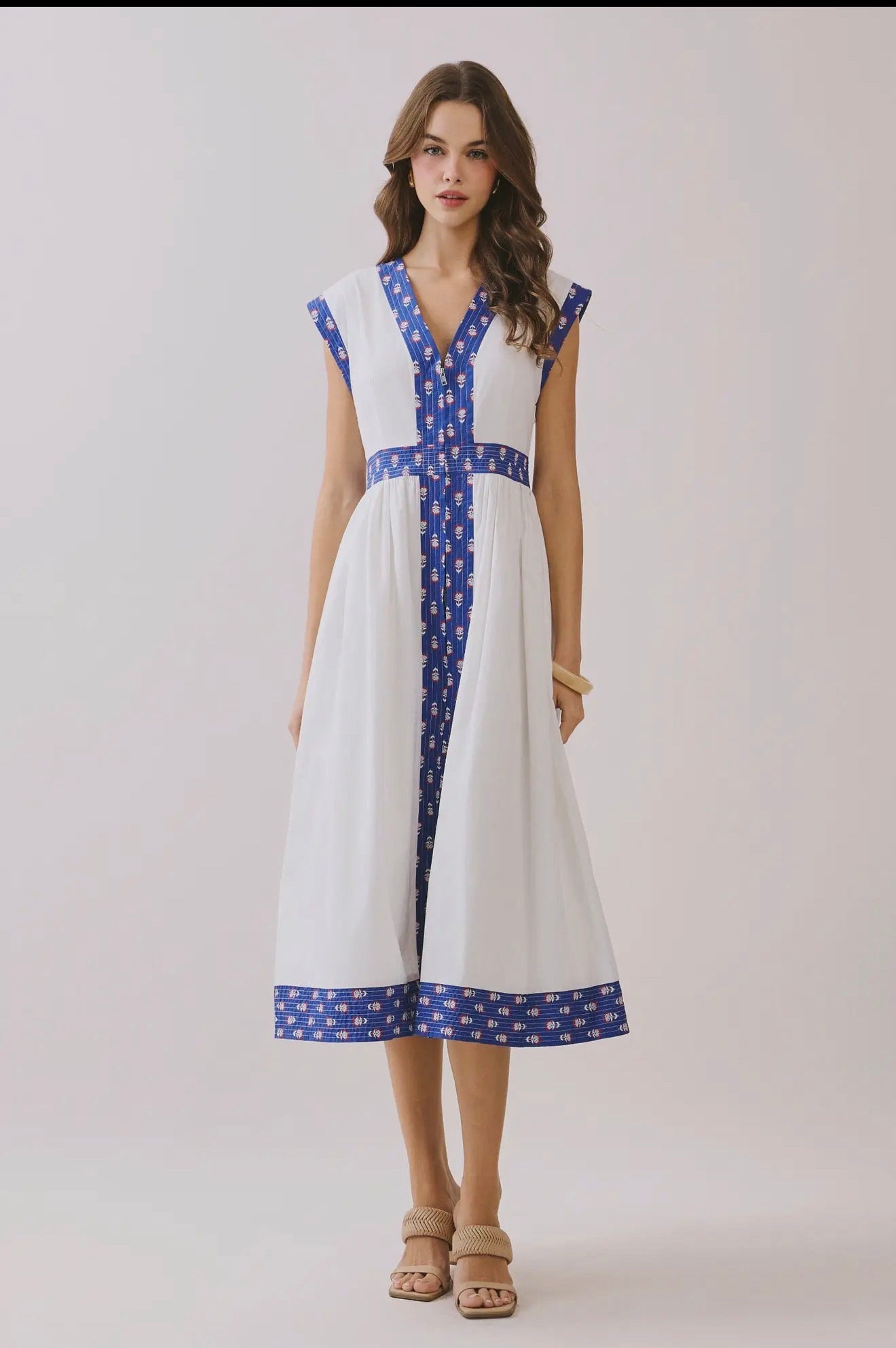 Contrast Printed V neck Midi Dress