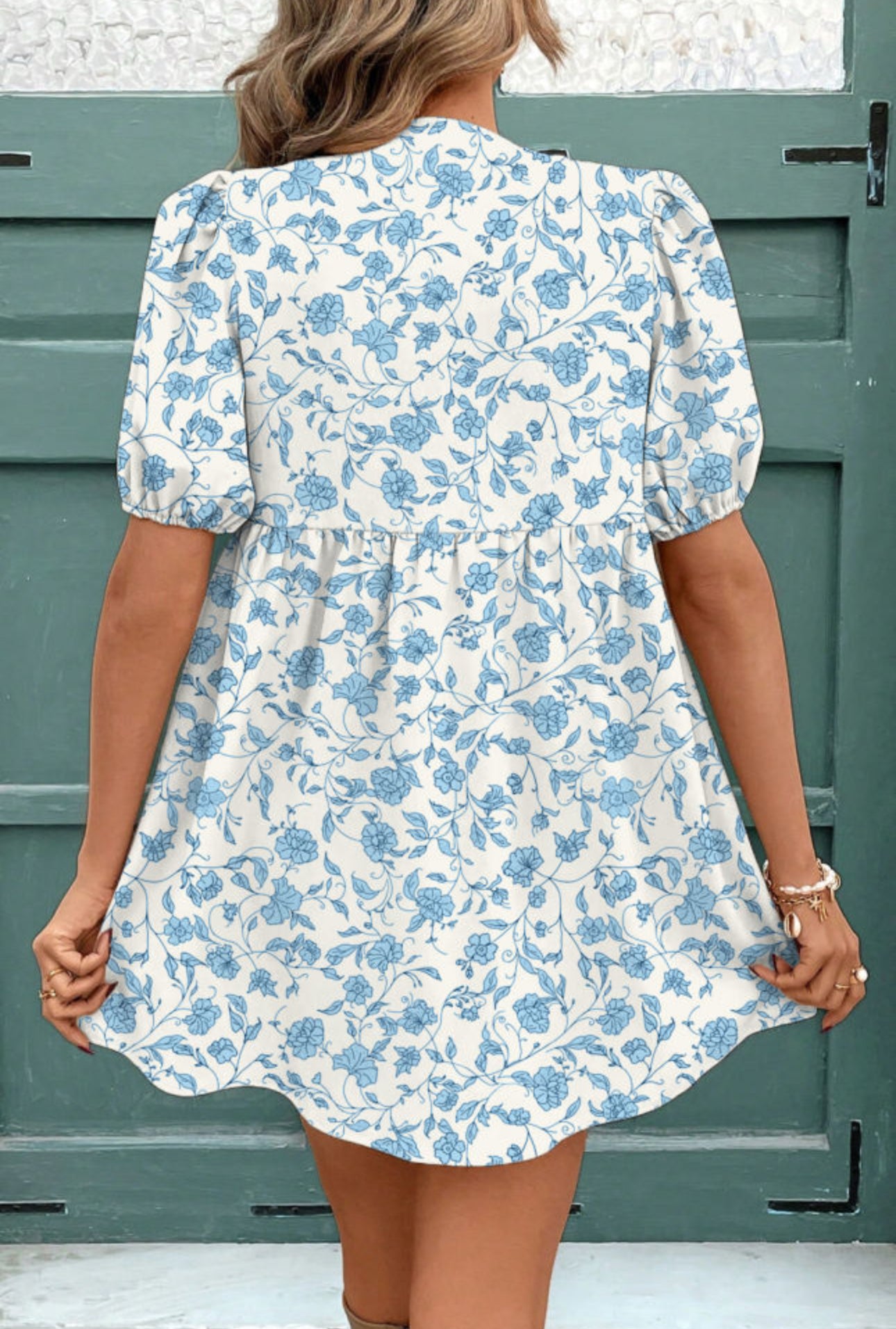 Final Sale- Sky Blue Floral Contrast Bow Puff Sleeve Mini Dress
