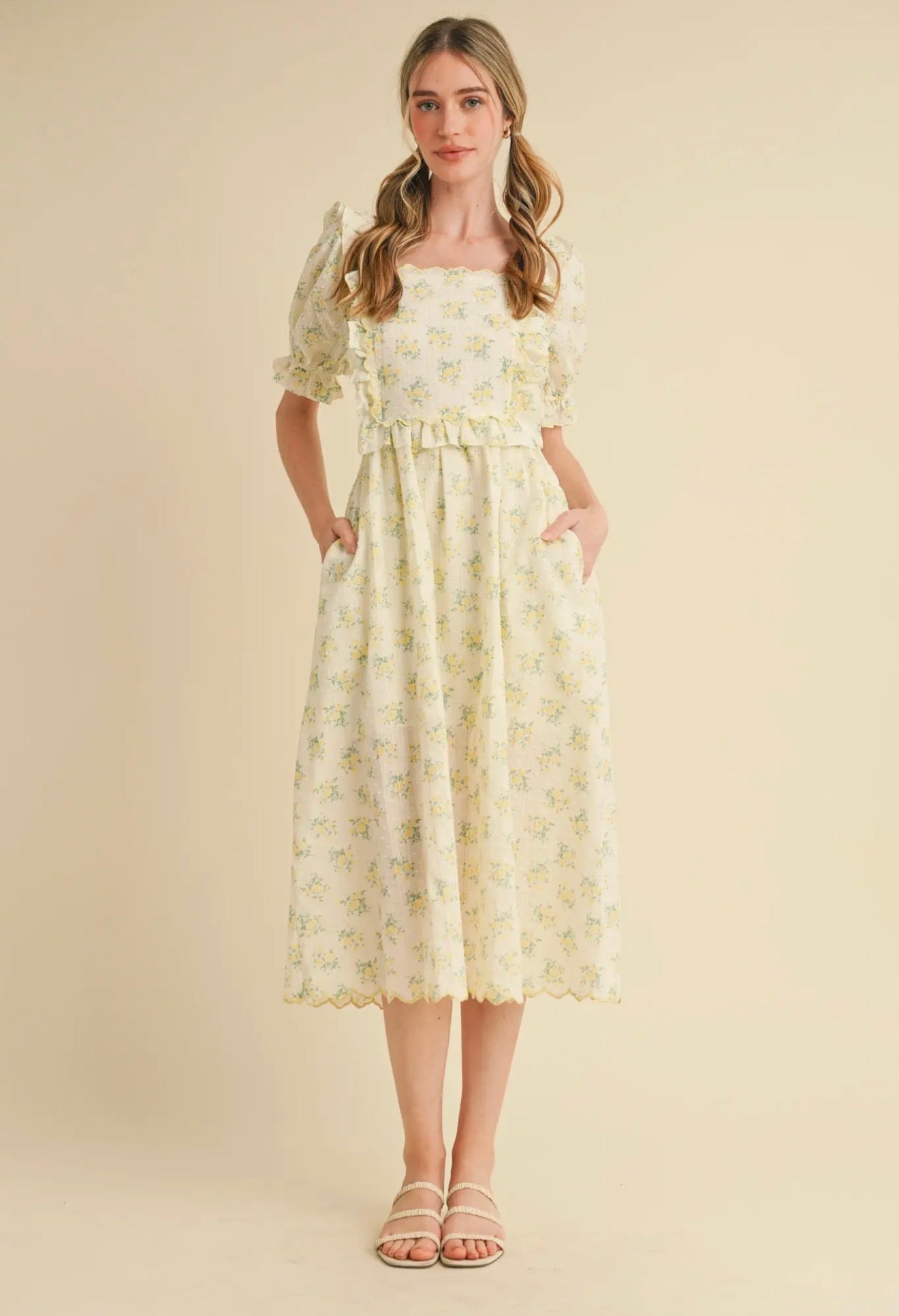 Lemon Floral Embroidered Scallop Bib Midi dress