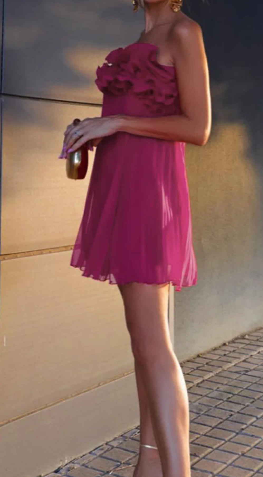 Final Sale- Ruffled Pleated Rosette Strapless Mini Dress