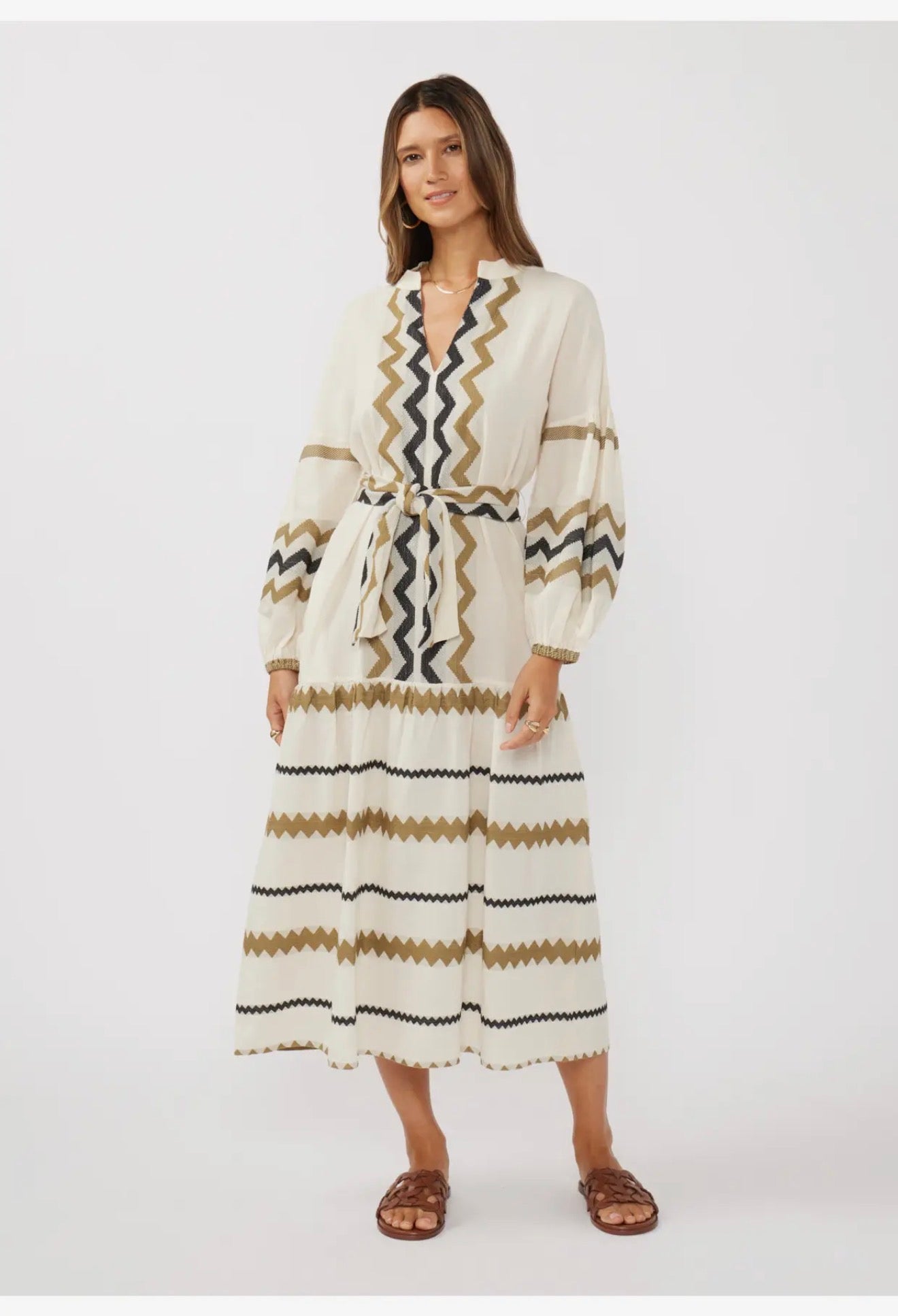 Blouson Sleeve Tiered Maxi Dress with Waist Tie