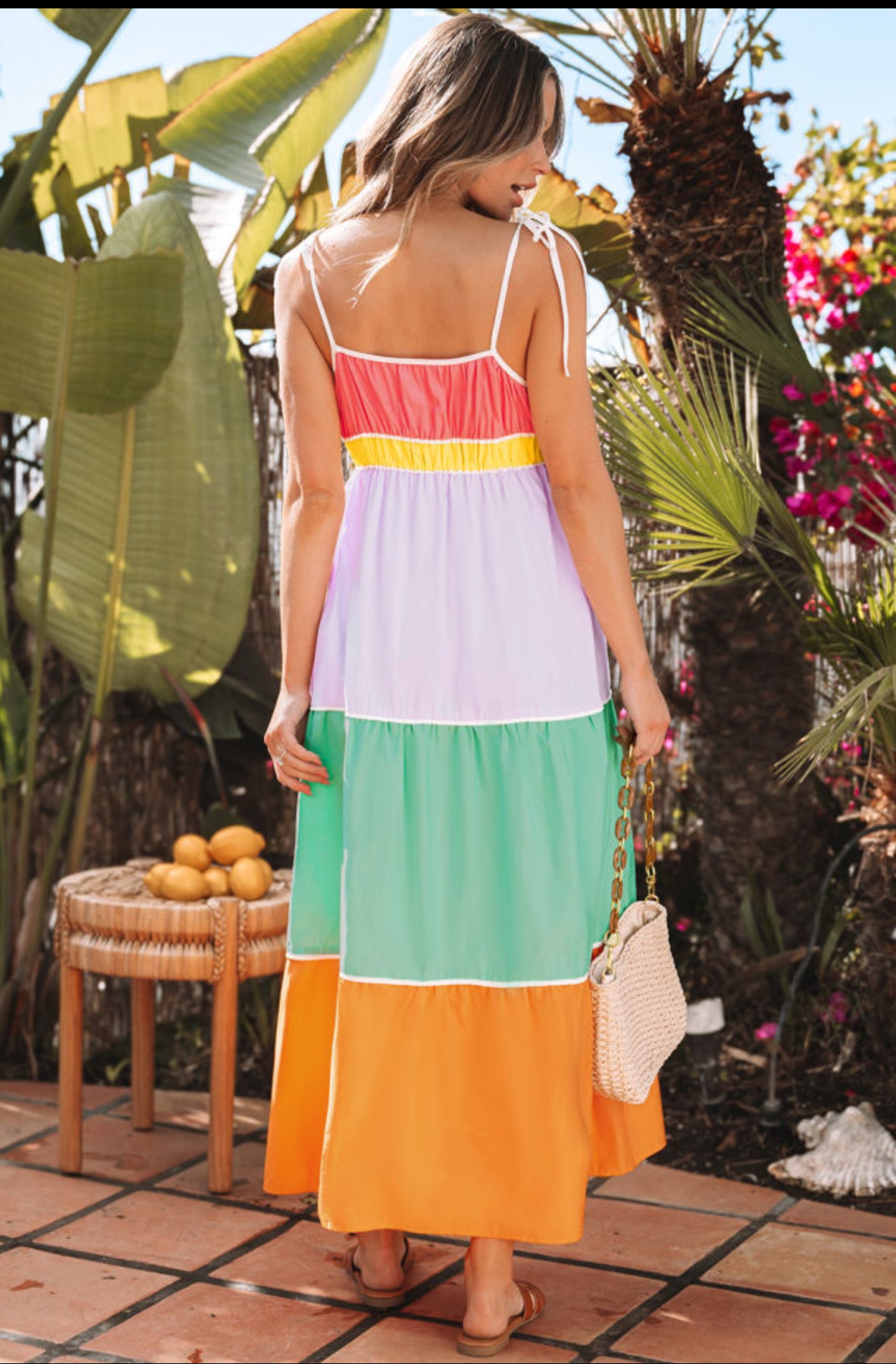 Final Sale-Multi Color Colorblock Self-tie Straps High Waist Flowy Maxi Dress with Pockets