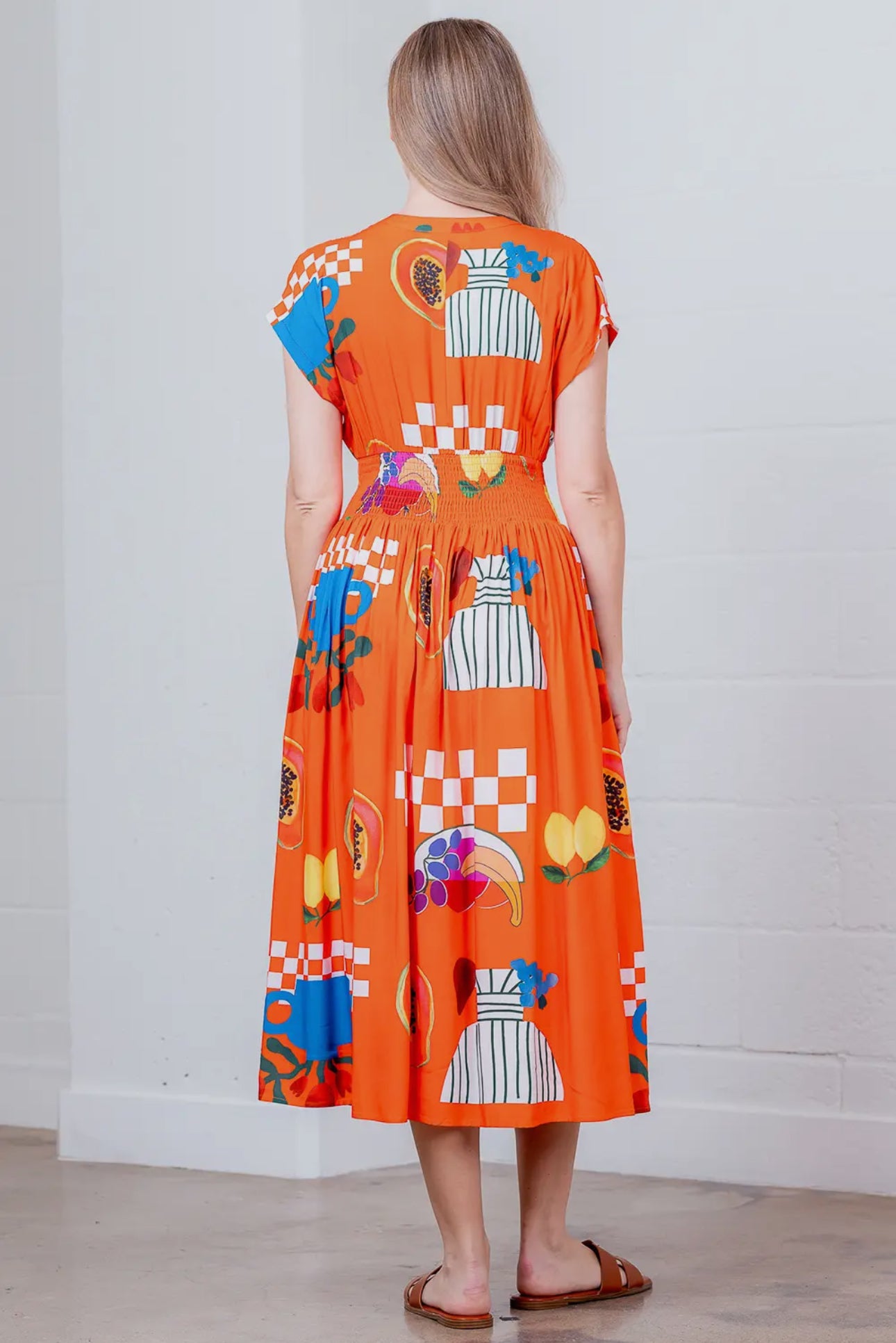 V-neck Roll up Slv Smocking Button Down Dress