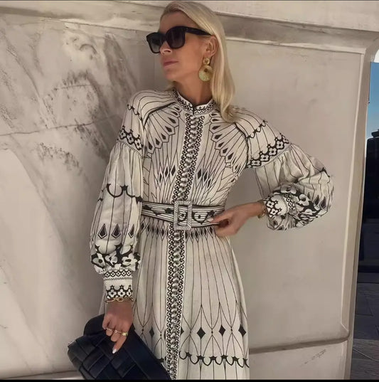 Print Retro Lantern Retro Sleeve Dress