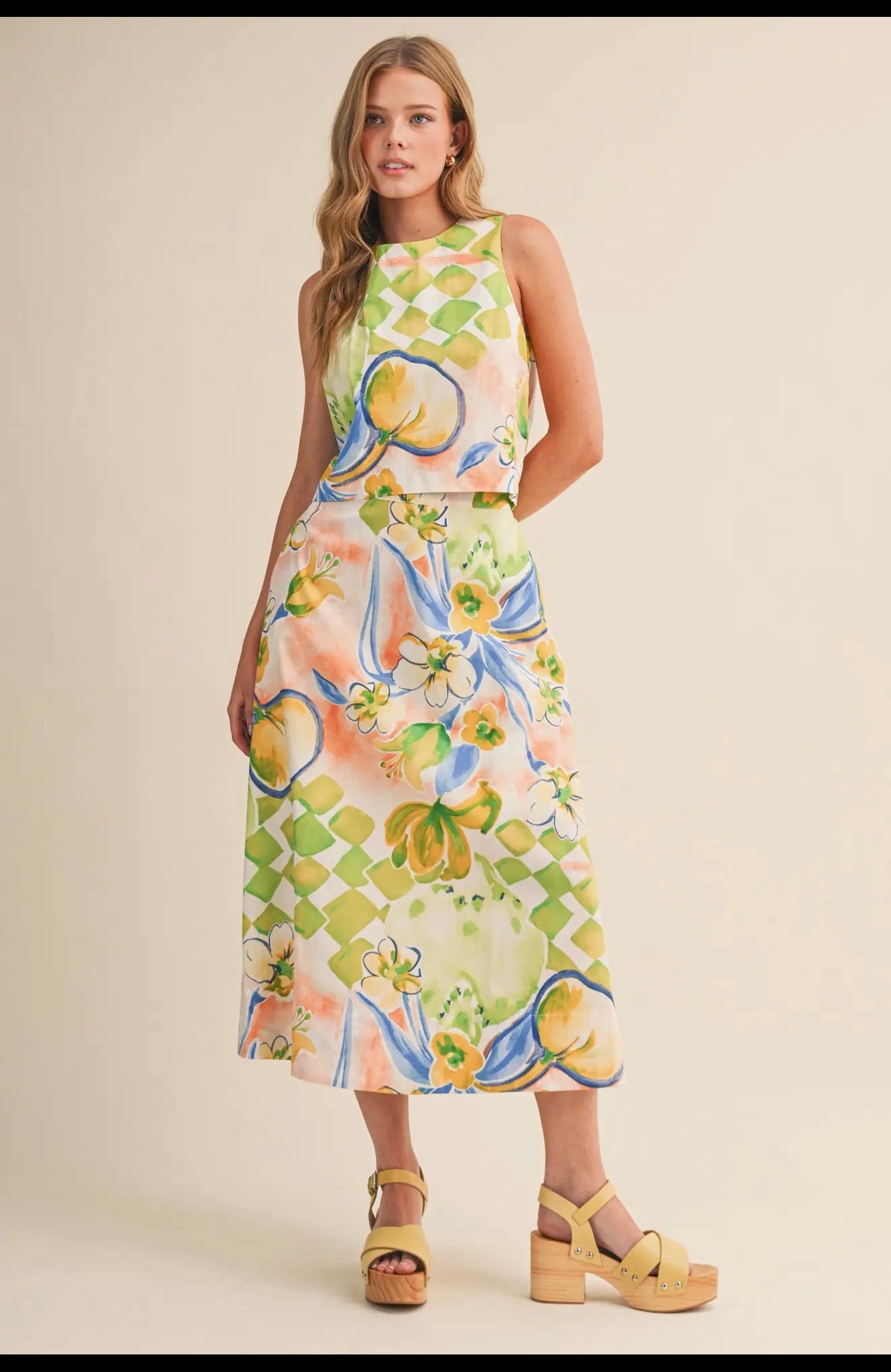 Exclusive Floral Print Cotton Crop tank top and Skirt -  set