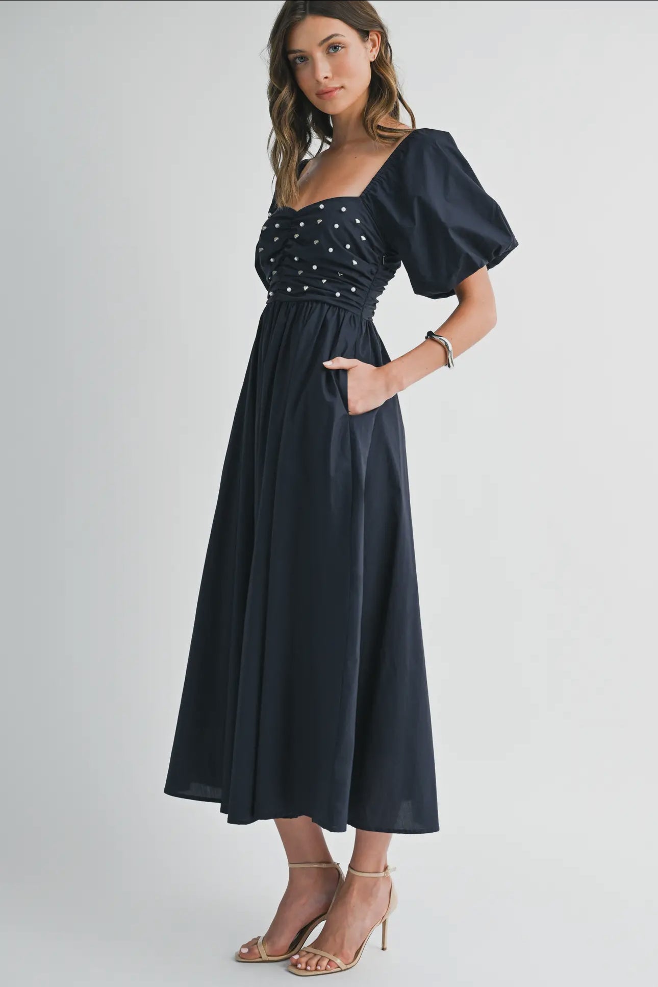 Embellished Puff Sleeve midi dress