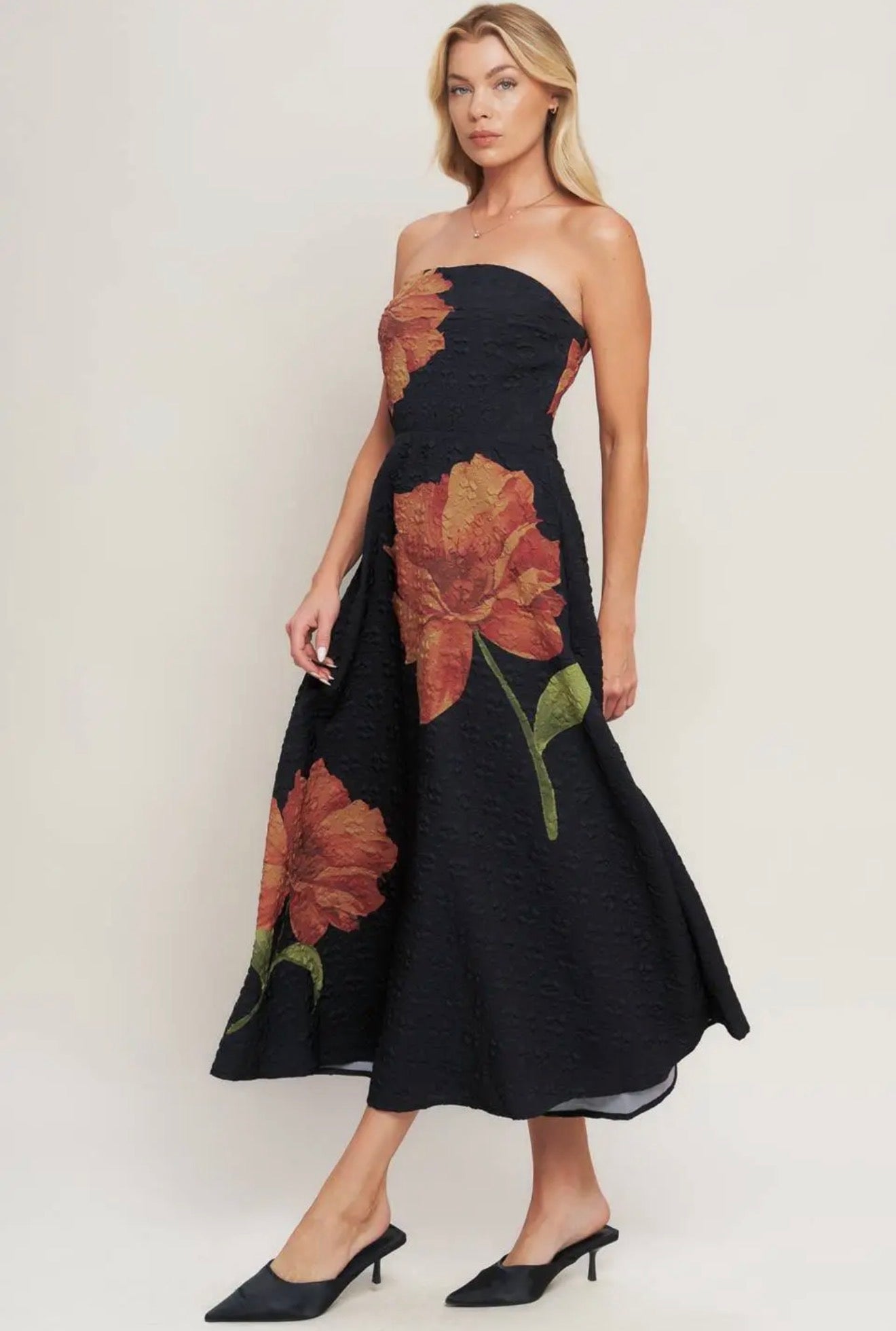 Printed Textured Woven Midi Dress