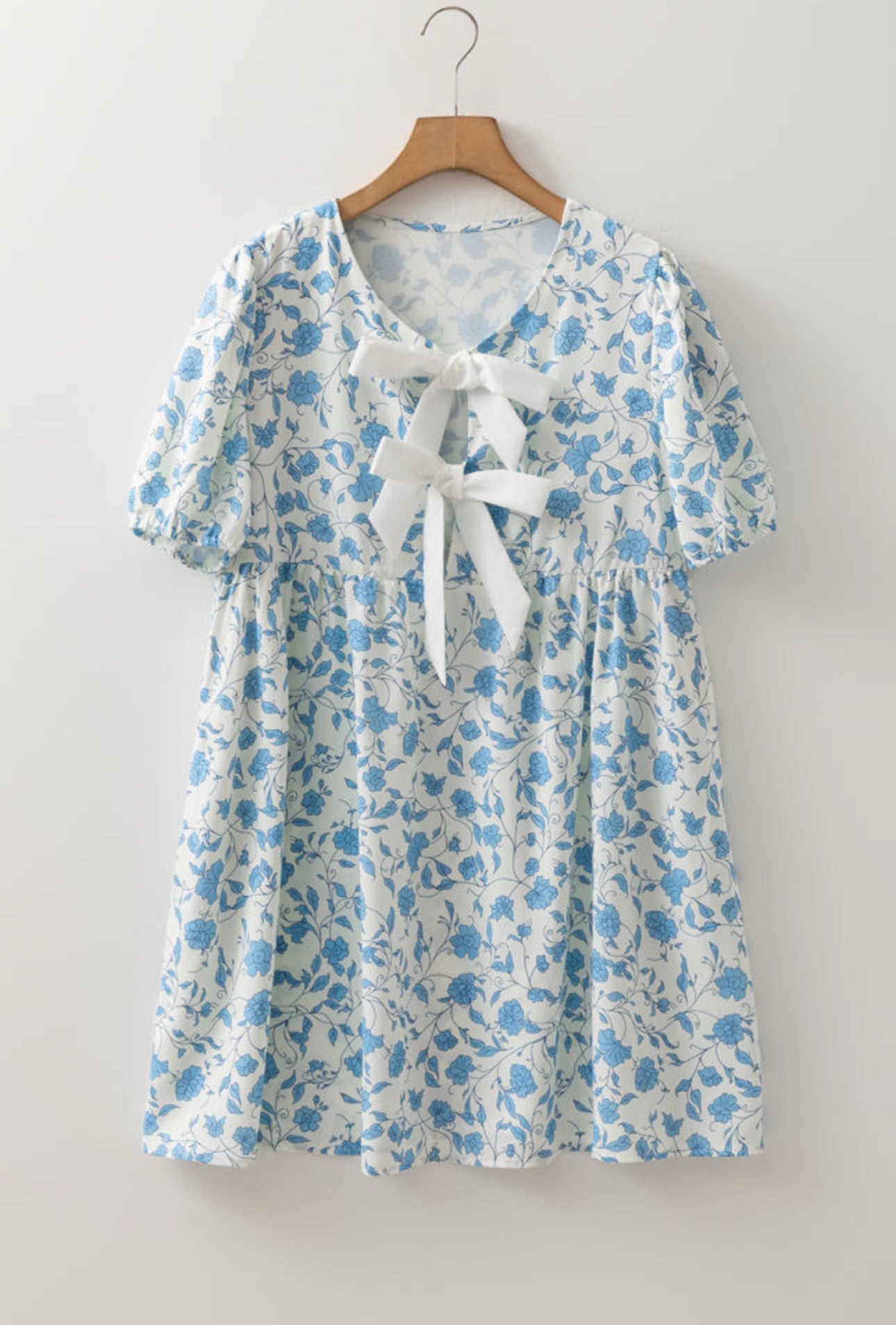 Final Sale- Sky Blue Floral Contrast Bow Puff Sleeve Mini Dress