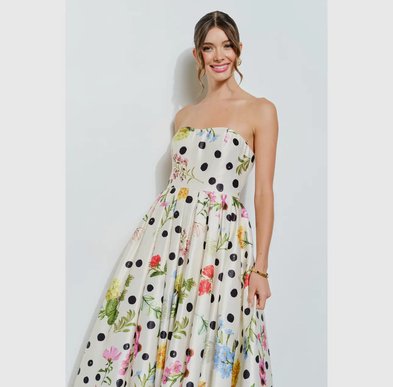 Floral Polka Dot Strapless Satin Midi Dress