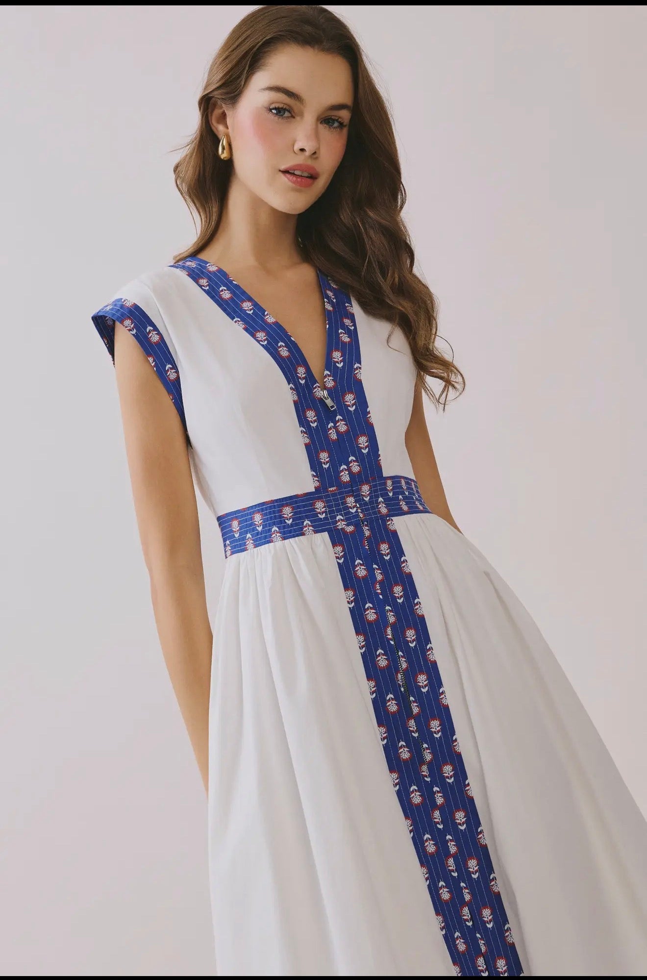 Contrast Printed V neck Midi Dress