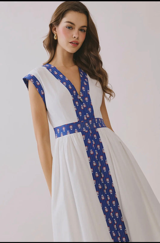 Contrast Printed V neck Midi Dress