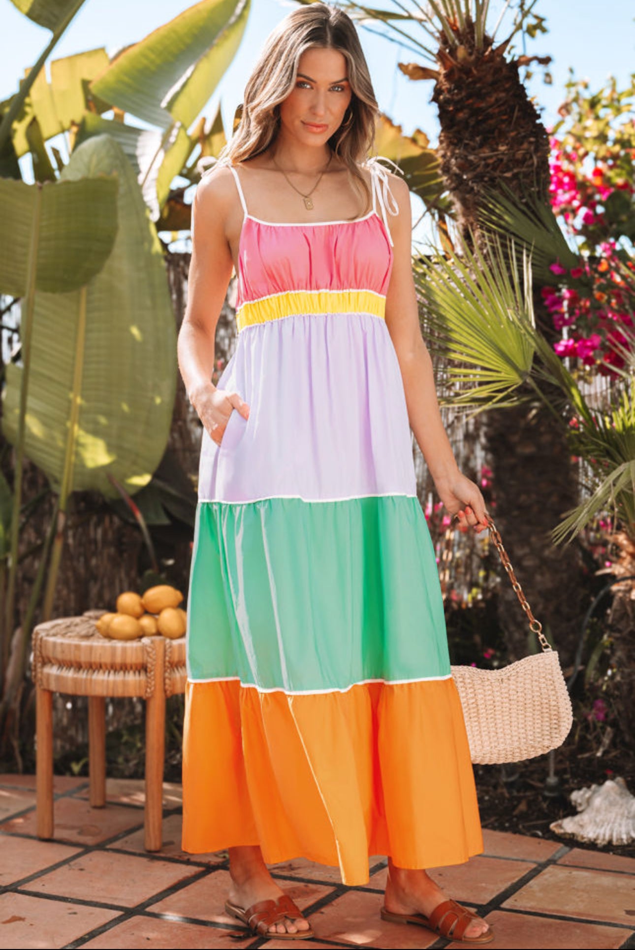 Final Sale-Multi Color Colorblock Self-tie Straps High Waist Flowy Maxi Dress with Pockets