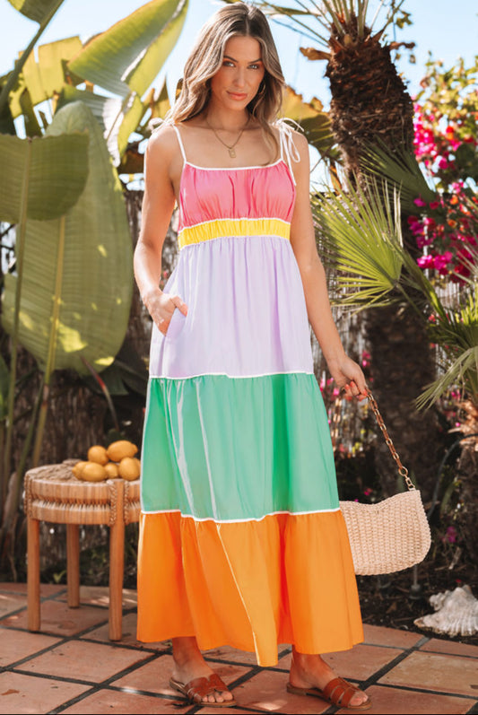 Final Sale-Multi Color Colorblock Self-tie Straps High Waist Flowy Maxi Dress with Pockets