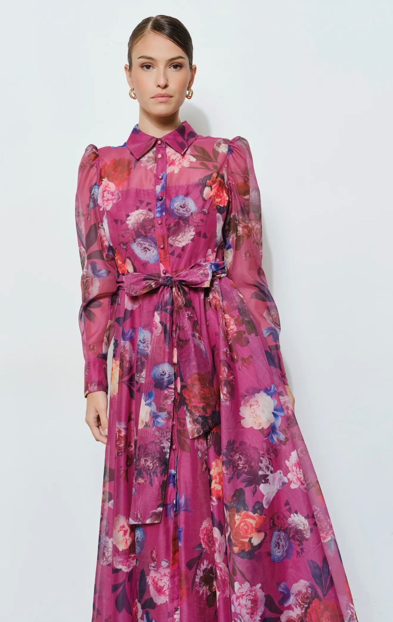 Floral organza puff sleeve belted dress