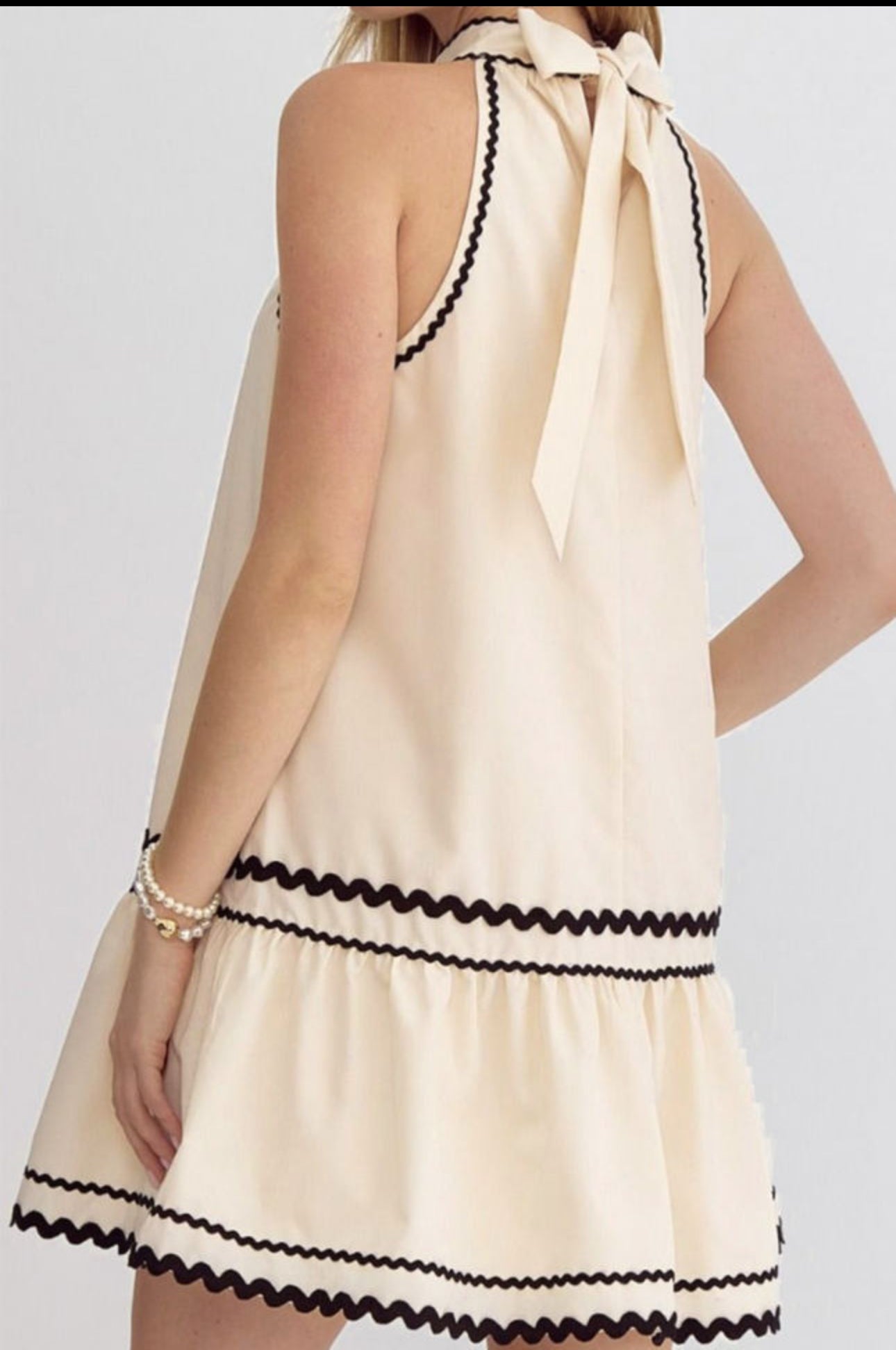 Final Sale- Khaki Stripe Ric Rac Trim Halter A-line Mini Dress