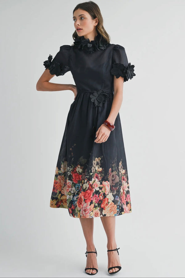 Floral high neck short sleeve midi dress
