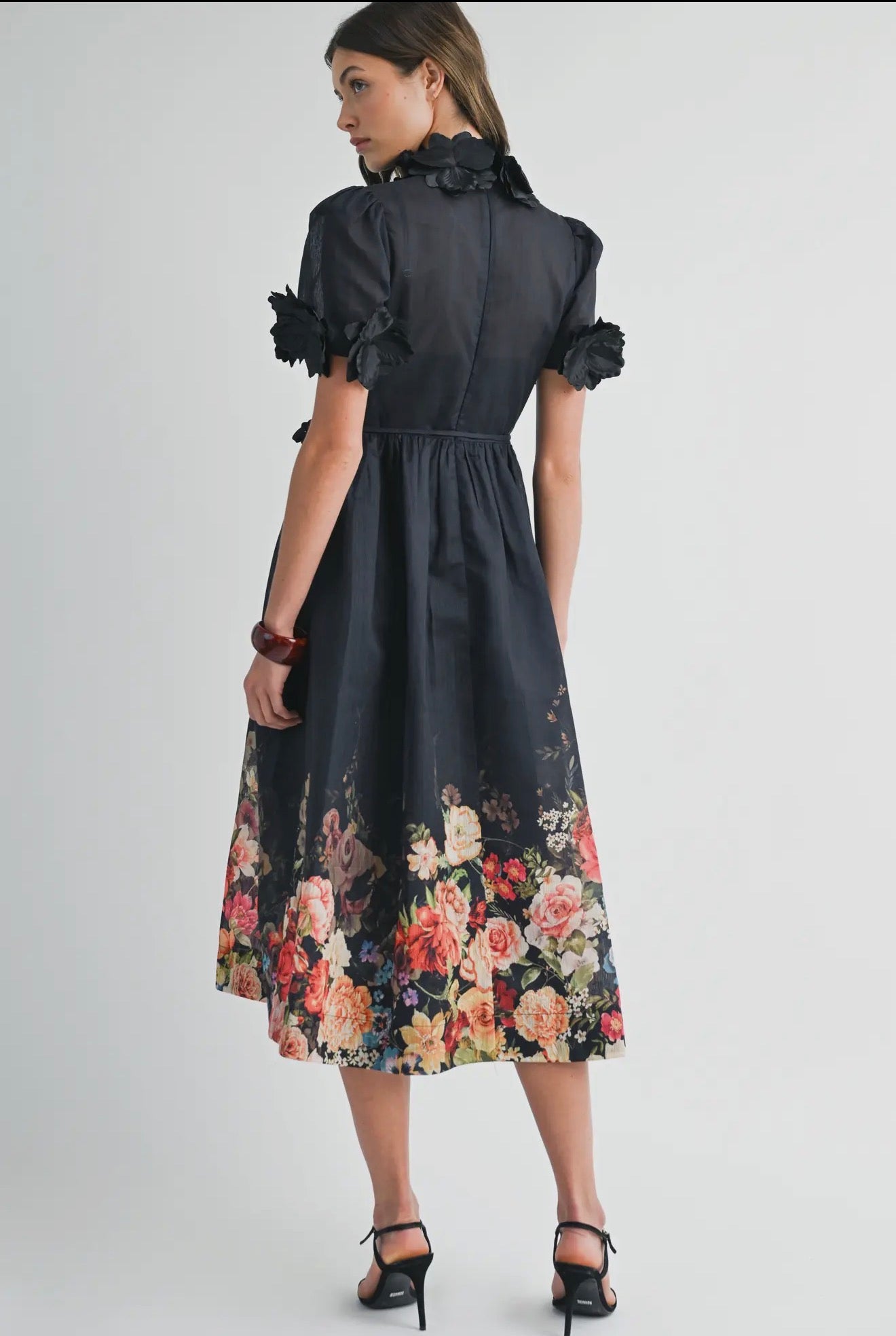 Floral high neck short sleeve midi dress