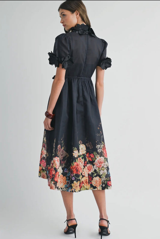 Floral high neck short sleeve midi dress