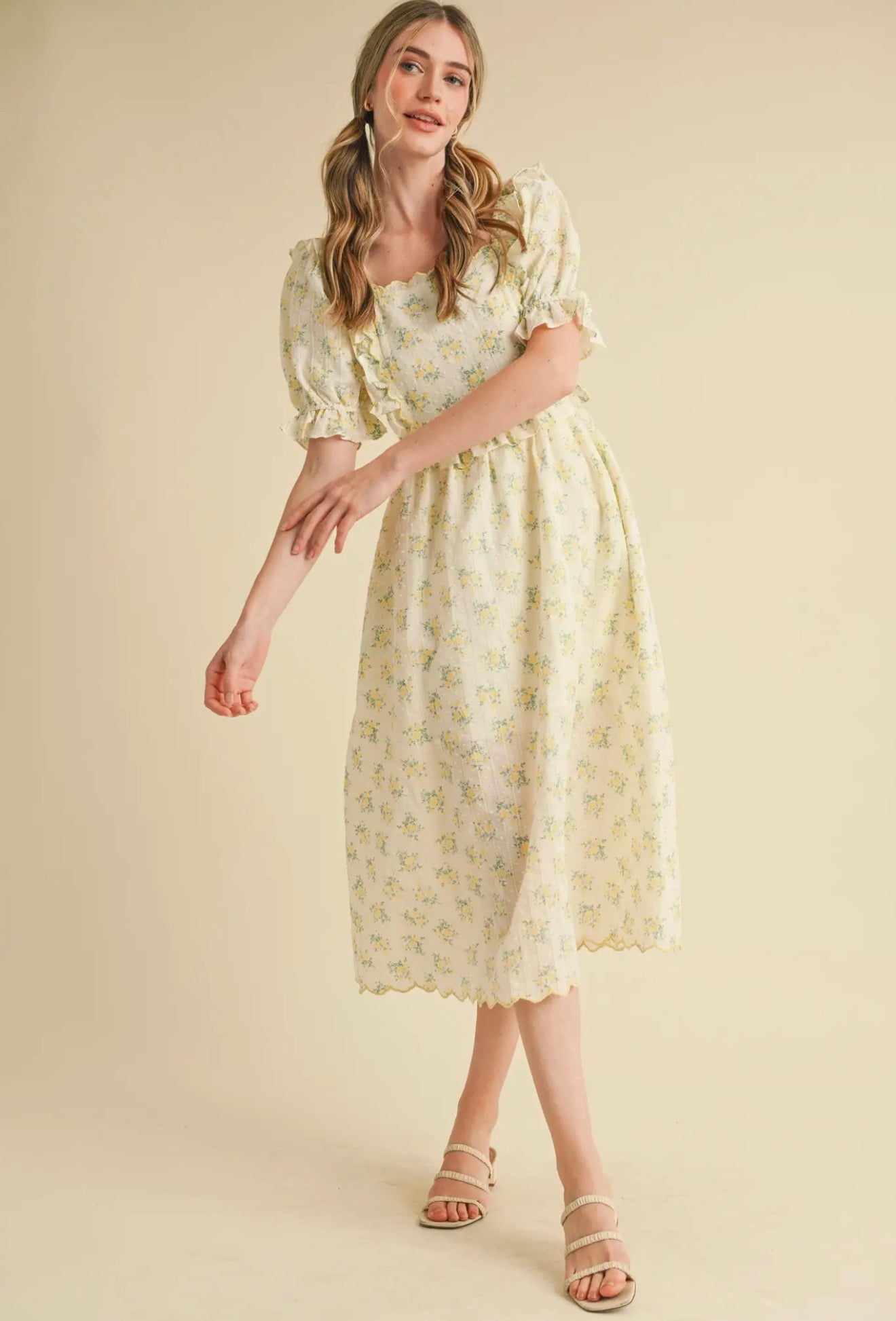 Lemon Floral Embroidered Scallop Bib Midi dress