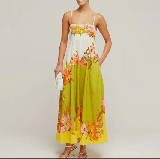 Cotton and Linen Print Positioning Dress