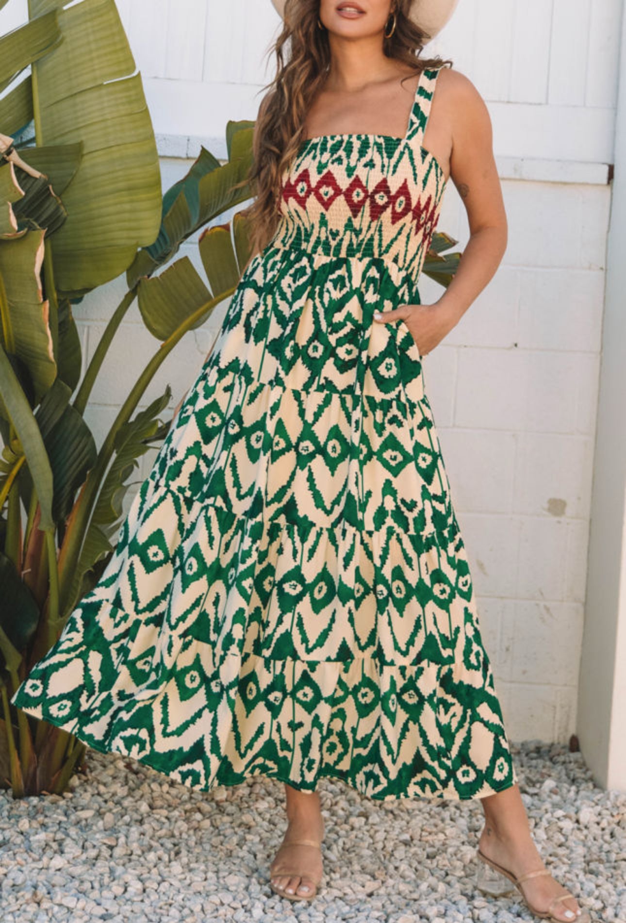Green Aztec Shirred A-line Sleeveless Maxi Dress