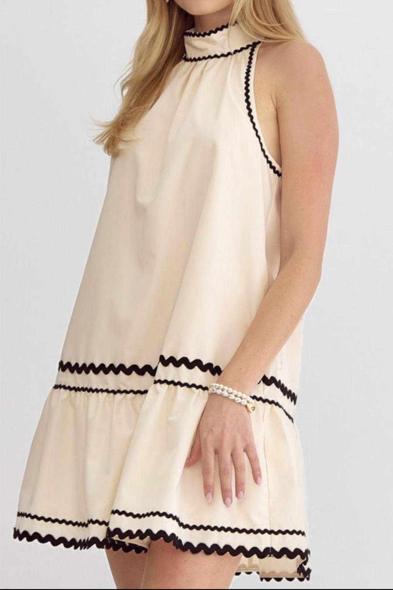 Final Sale- Khaki Stripe Ric Rac Trim Halter A-line Mini Dress