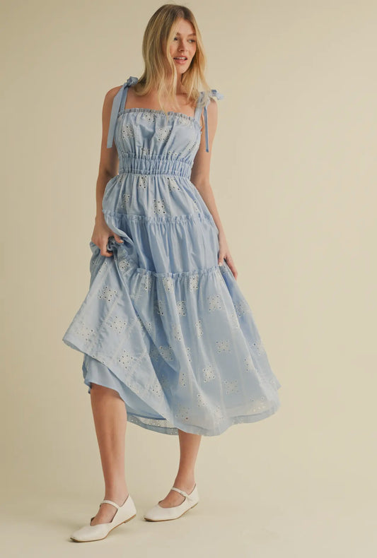 Tiered Eyelet Midi Dress