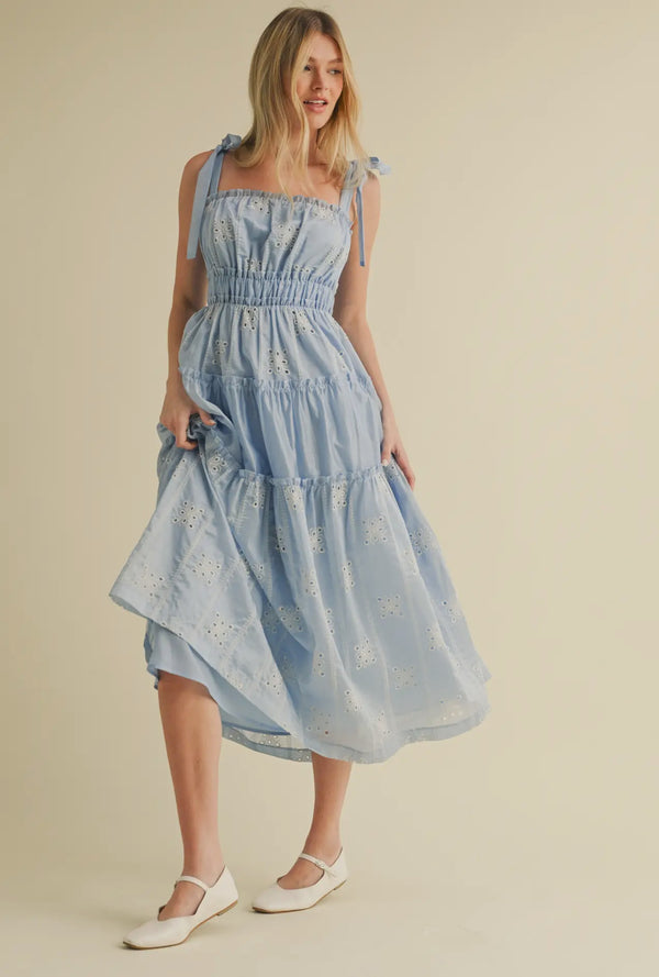 Tiered Eyelet Midi Dress
