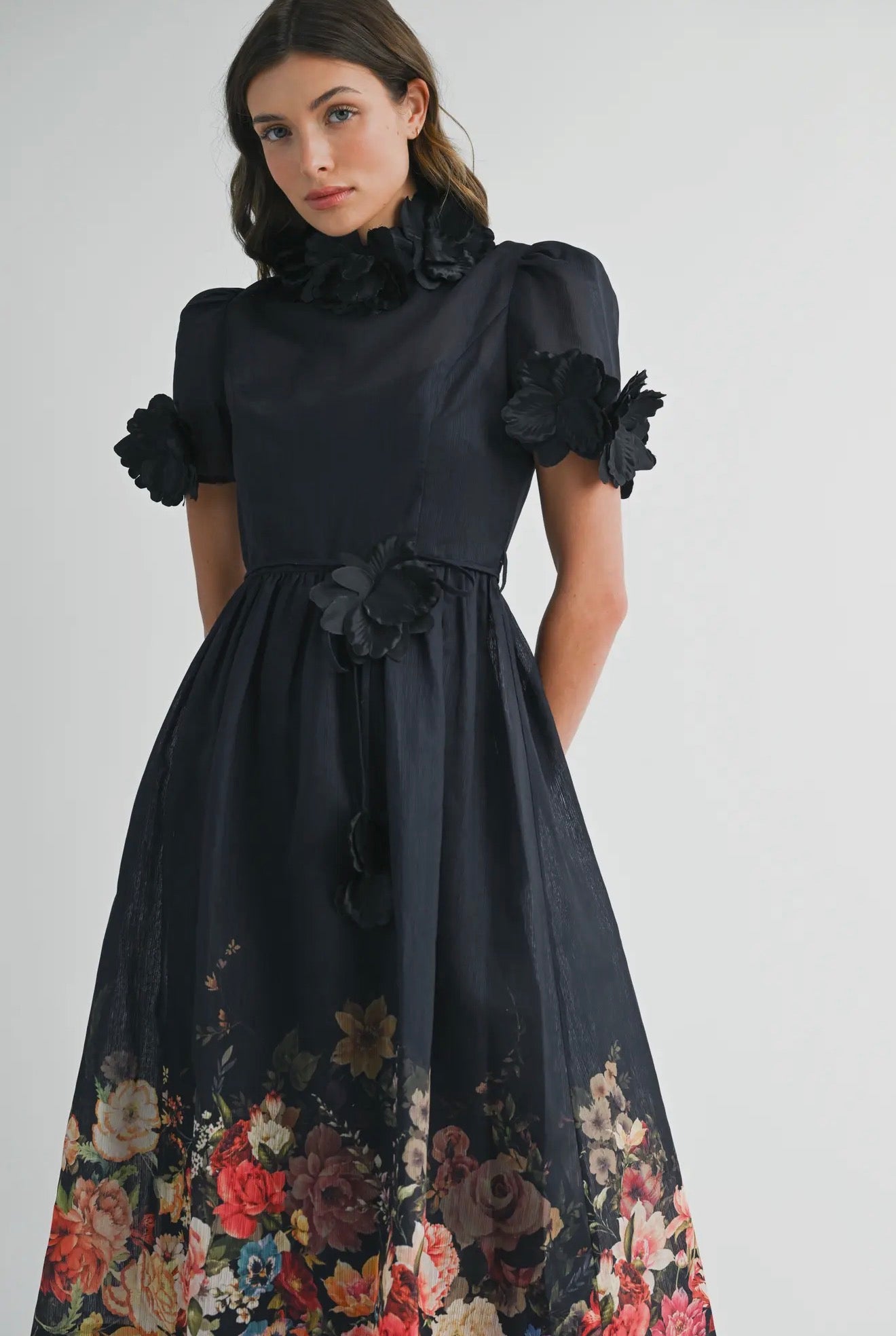 Floral high neck short sleeve midi dress