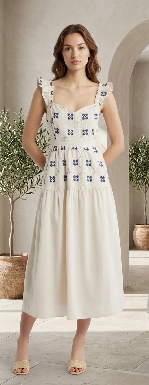 Flora Tile Pattern Ruffle Sleeve Dress