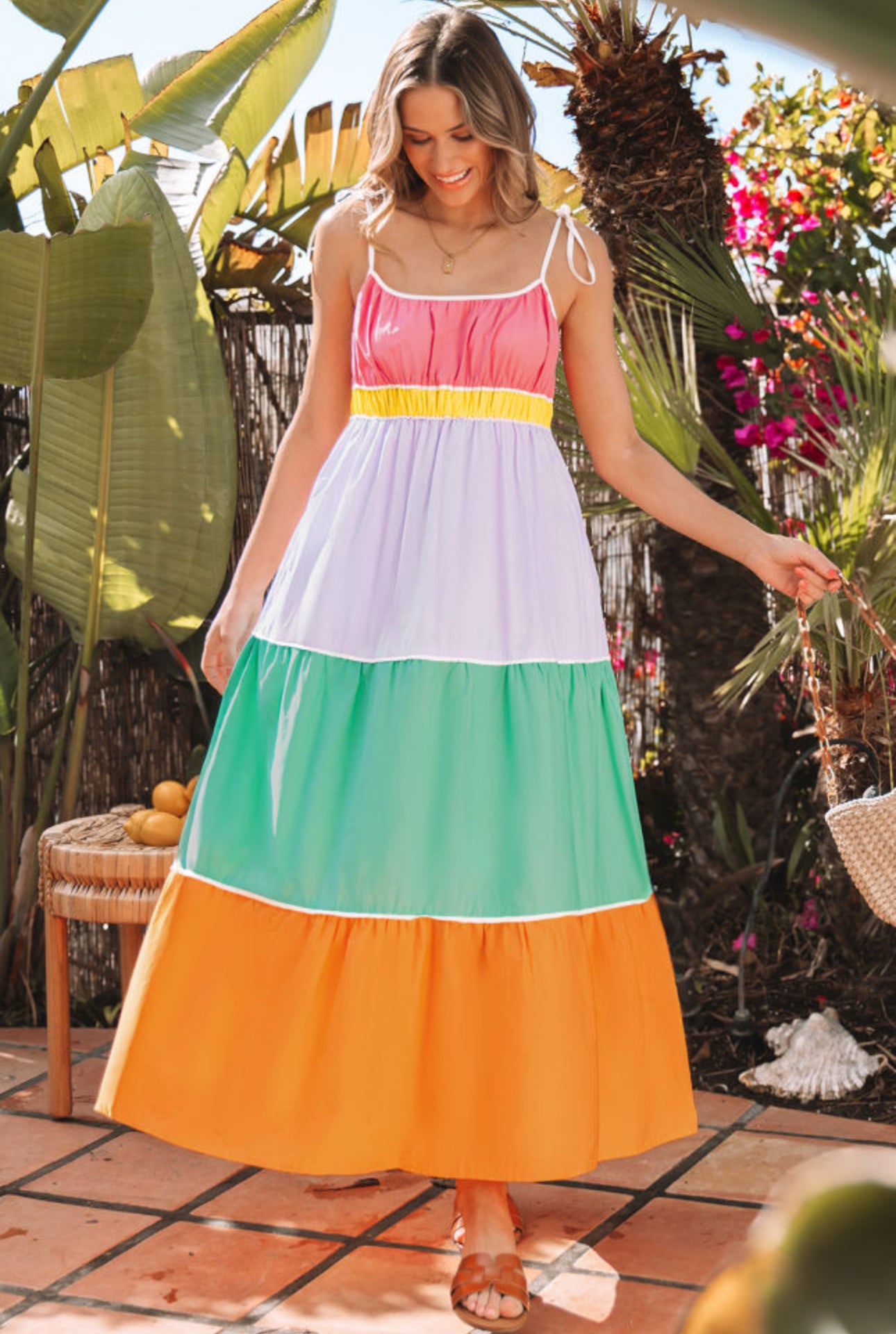 Final Sale-Multi Color Colorblock Self-tie Straps High Waist Flowy Maxi Dress with Pockets
