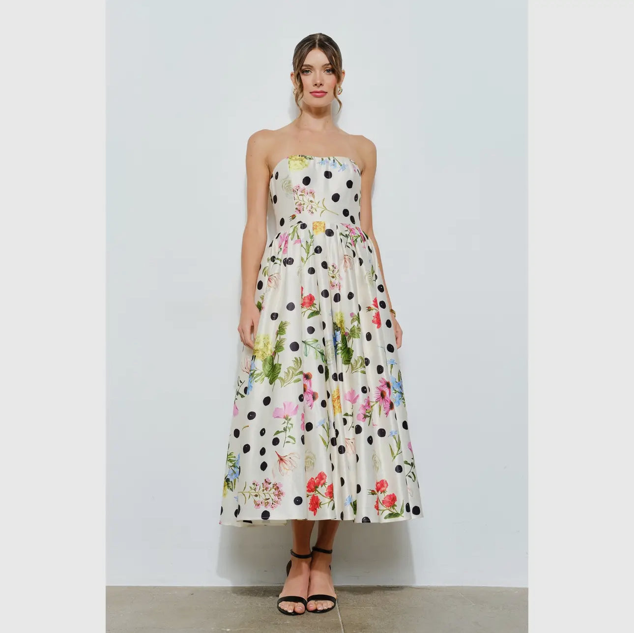 Floral Polka Dot Strapless Satin Midi Dress