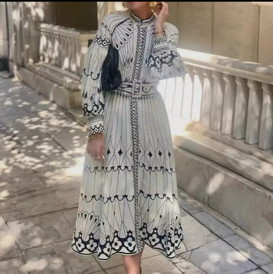 Print Retro Lantern Retro Sleeve Dress