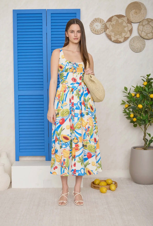 Tropical Picnic Motif Sleeveless Corset Midi Dress