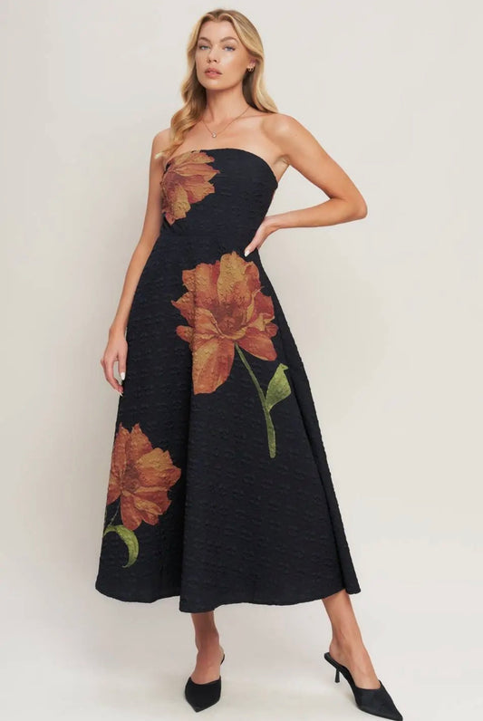 Printed Textured Woven Midi Dress