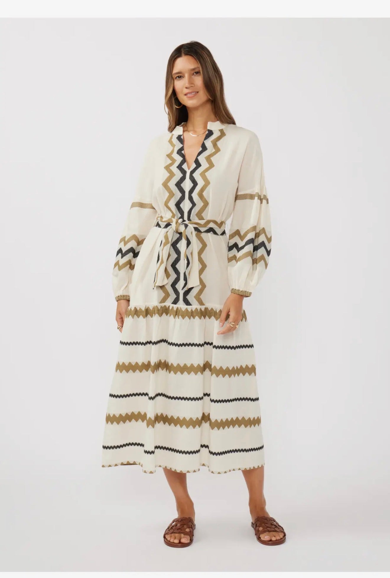 Blouson Sleeve Tiered Maxi Dress with Waist Tie