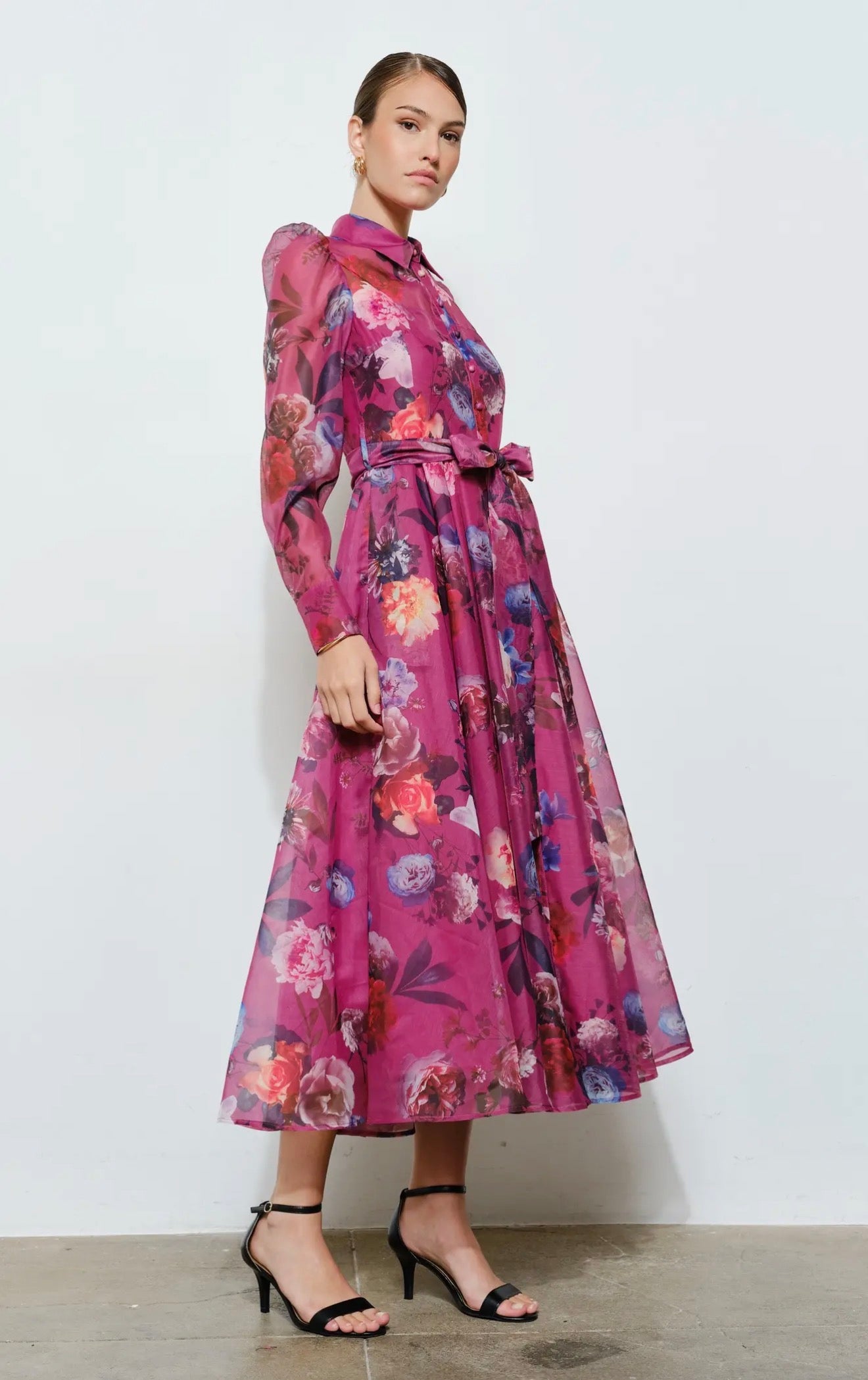 Floral organza puff sleeve belted dress