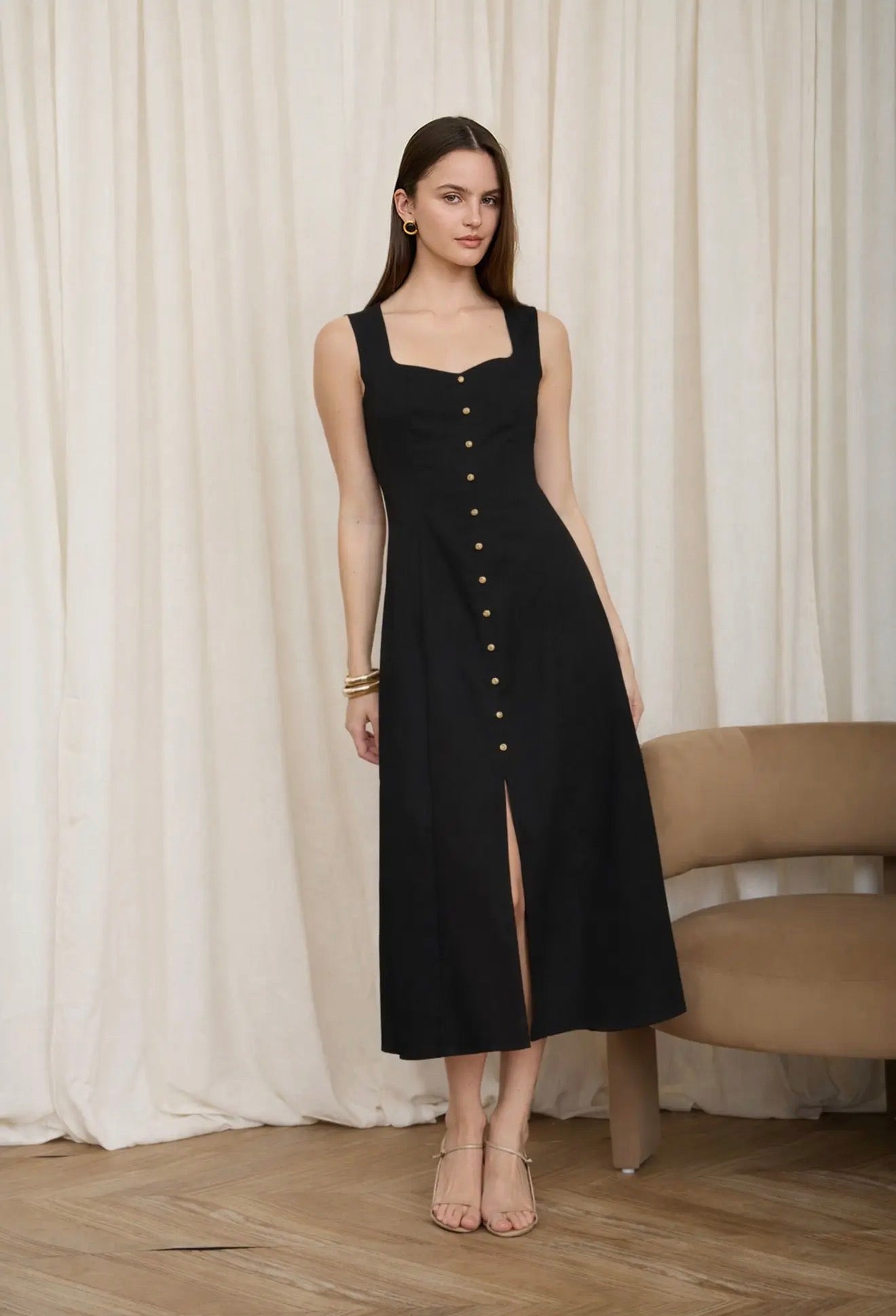 Button Down Sleeveless Split Hem Linen Midi Dress