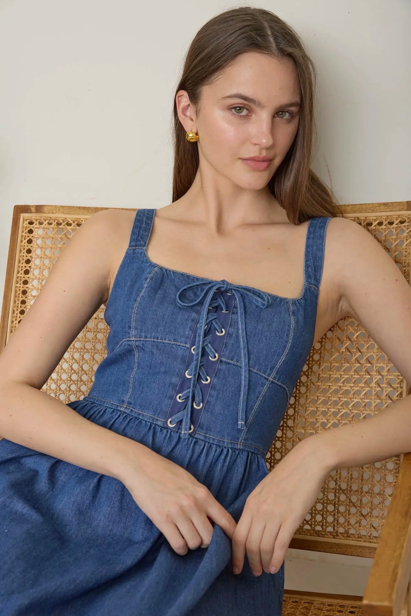Front Lace Up- Denim Sleeveless Dress