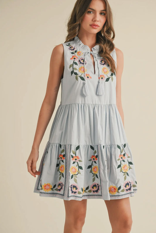 Floral Embroidery Tiered Mini Dress