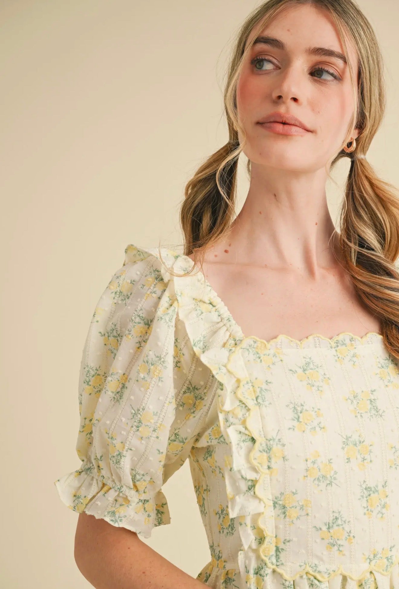 Lemon Floral Embroidered Scallop Bib Midi dress