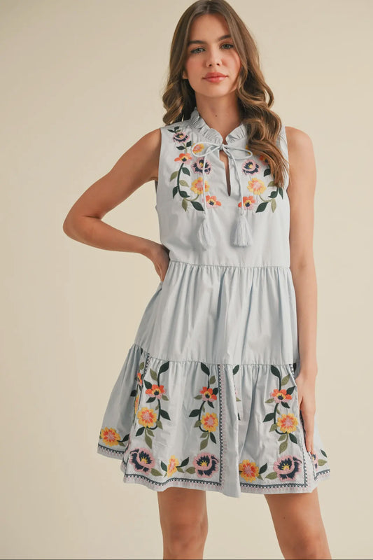 Floral Embroidery Tiered Mini Dress