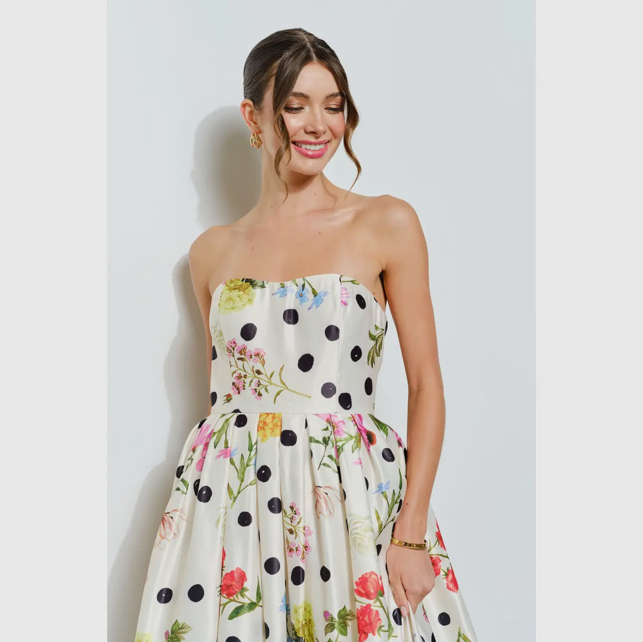 Floral Polka Dot Strapless Satin Midi Dress