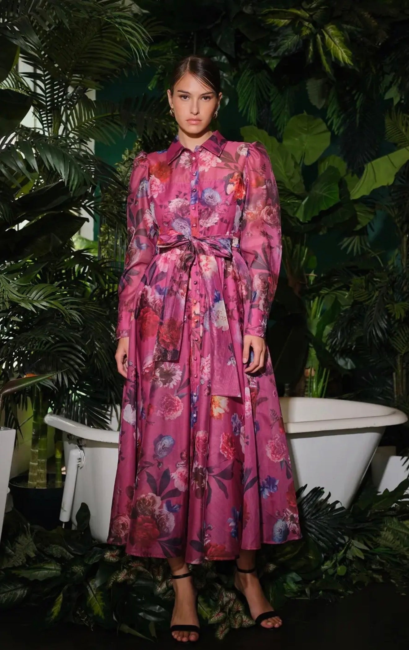 Floral organza puff sleeve belted dress