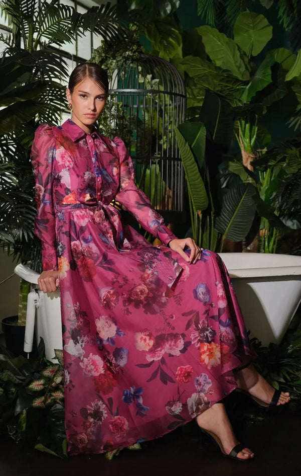 Floral organza puff sleeve belted dress