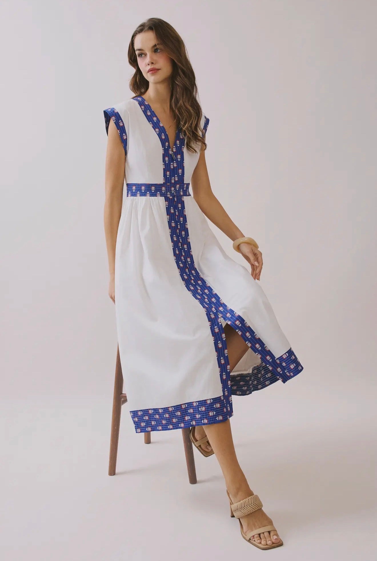 Contrast Printed V neck Midi Dress