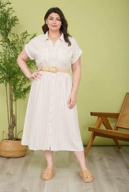 Plus size- Stripe Short Sleeve Belted Shirt Dress