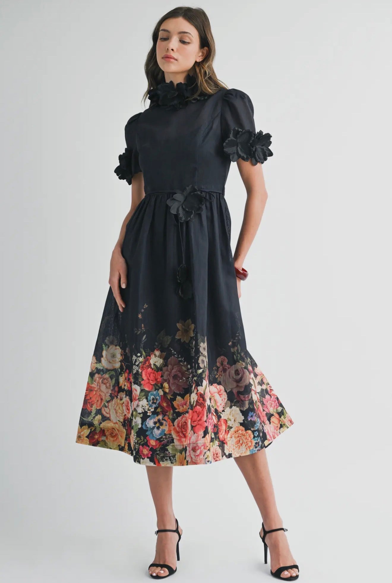 Floral high neck short sleeve midi dress