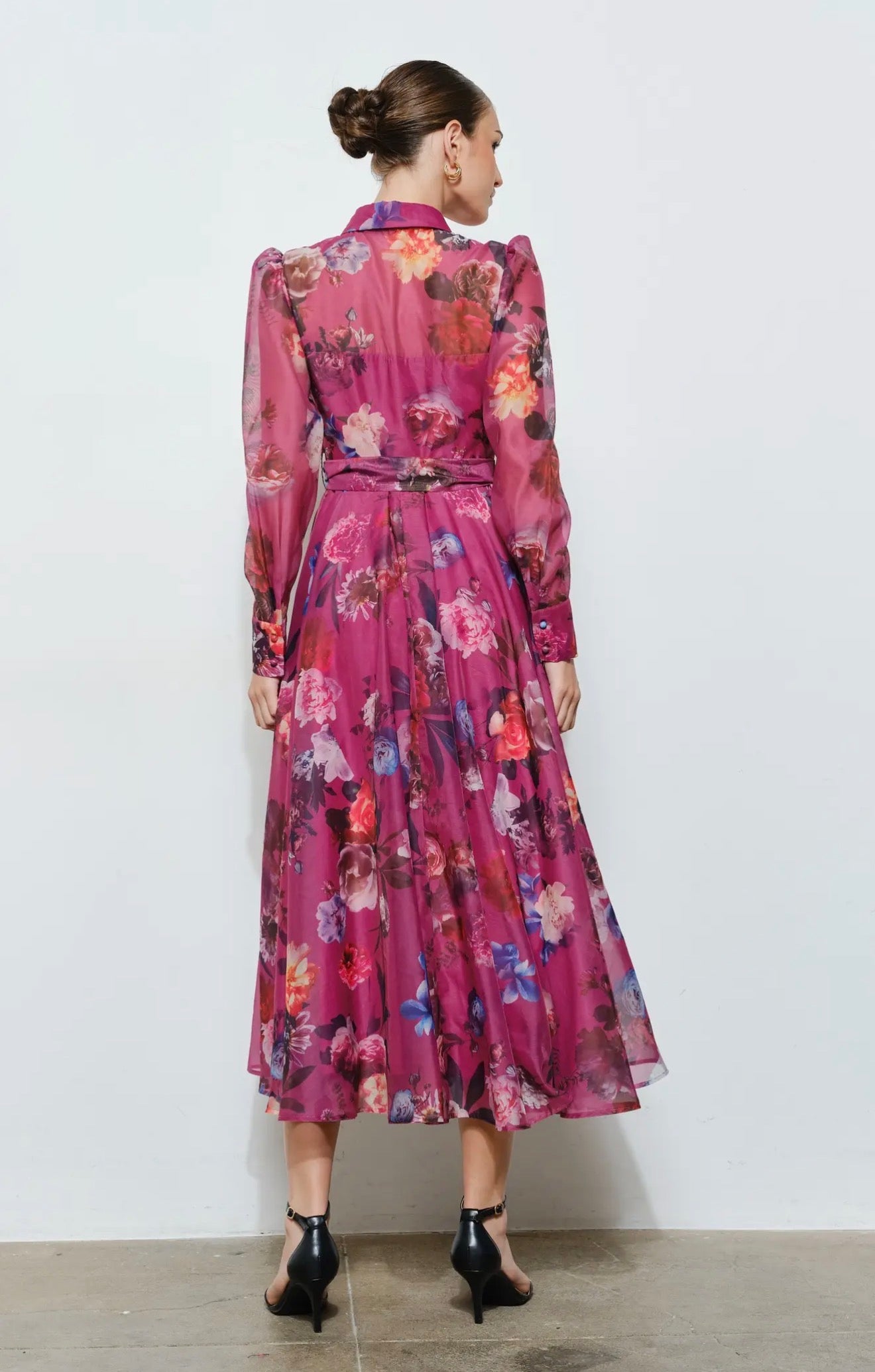 Floral organza puff sleeve belted dress